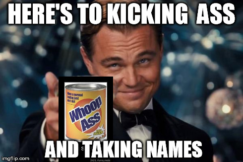 Leonardo Dicaprio Cheers Meme | HERE'S TO KICKING  ASS AND TAKING NAMES | image tagged in memes,leonardo dicaprio cheers | made w/ Imgflip meme maker