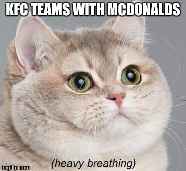 Heavy Breathing Cat | KFC TEAMS WITH MCDONALDS | image tagged in memes,heavy breathing cat | made w/ Imgflip meme maker