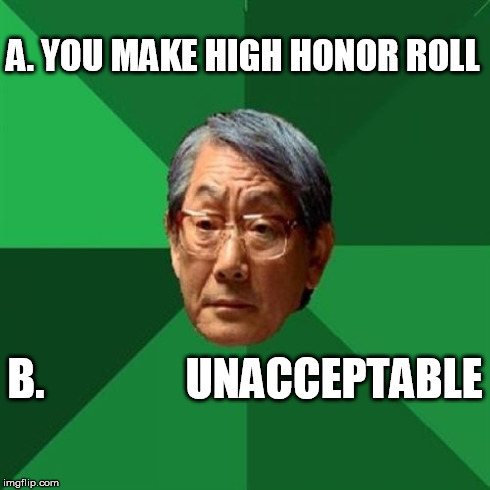 High Expectations Asian Father Meme | A. YOU MAKE HIGH HONOR ROLL B.                UNACCEPTABLE | image tagged in memes,high expectations asian father | made w/ Imgflip meme maker