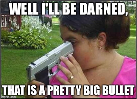 Woman looking down gun barrel | WELL I'LL BE DARNED, THAT IS A PRETTY BIG BULLET | image tagged in woman looking down gun barrel | made w/ Imgflip meme maker
