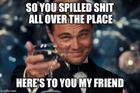 Leonardo Dicaprio Cheers | SO YOU SPILLED SHIT ALL OVER THE PLACE HERE'S TO YOU MY FRIEND | image tagged in memes,leonardo dicaprio cheers | made w/ Imgflip meme maker