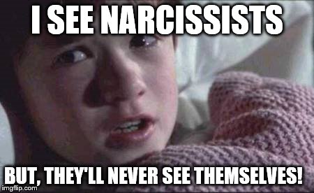 I See Dead People | I SEE NARCISSISTS BUT, THEY'LL NEVER SEE THEMSELVES! | image tagged in memes,i see dead people | made w/ Imgflip meme maker