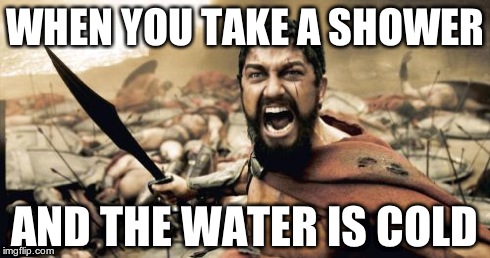 Sparta Leonidas | WHEN YOU TAKE A SHOWER AND THE WATER IS COLD | image tagged in memes,sparta leonidas | made w/ Imgflip meme maker
