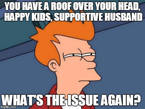 Futurama Fry | YOU HAVE A ROOF OVER YOUR HEAD, HAPPY KIDS, SUPPORTIVE HUSBAND WHAT'S THE ISSUE AGAIN? | image tagged in memes,futurama fry | made w/ Imgflip meme maker