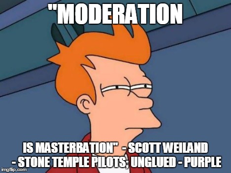 Futurama Fry Meme | "MODERATION IS MASTERBATION"

- SCOTT WEILAND - STONE TEMPLE PILOTS; UNGLUED - PURPLE | image tagged in memes,futurama fry | made w/ Imgflip meme maker