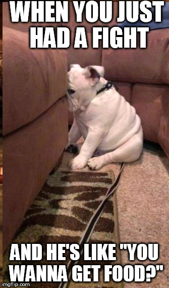 food conquers all | WHEN YOU JUST HAD A FIGHT AND HE'S LIKE "YOU WANNA GET FOOD?" | image tagged in bulldog | made w/ Imgflip meme maker