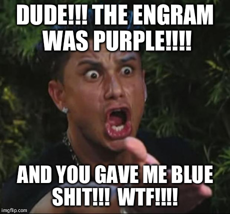 DJ Pauly D | DUDE!!! THE ENGRAM WAS PURPLE!!!! AND YOU GAVE ME BLUE SHIT!!!  WTF!!!! | image tagged in memes,dj pauly d | made w/ Imgflip meme maker
