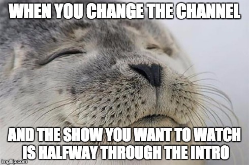 Satisfied Seal | WHEN YOU CHANGE THE CHANNEL AND THE SHOW YOU WANT TO WATCH IS HALFWAY THROUGH THE INTRO | image tagged in memes,satisfied seal | made w/ Imgflip meme maker