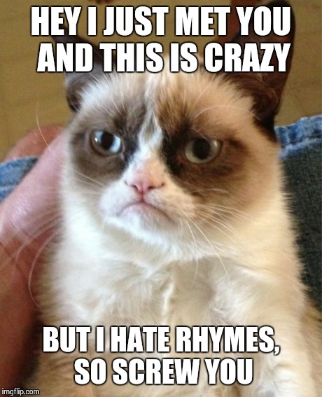 Grumpy Cat | HEY I JUST MET YOU AND THIS IS CRAZY BUT I HATE RHYMES, SO SCREW YOU | image tagged in memes,grumpy cat | made w/ Imgflip meme maker
