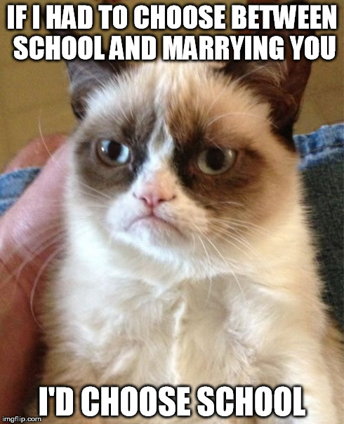 ...and I will not regret it! | IF I HAD TO CHOOSE BETWEEN SCHOOL AND MARRYING YOU I'D CHOOSE SCHOOL | image tagged in memes,grumpy cat,school | made w/ Imgflip meme maker