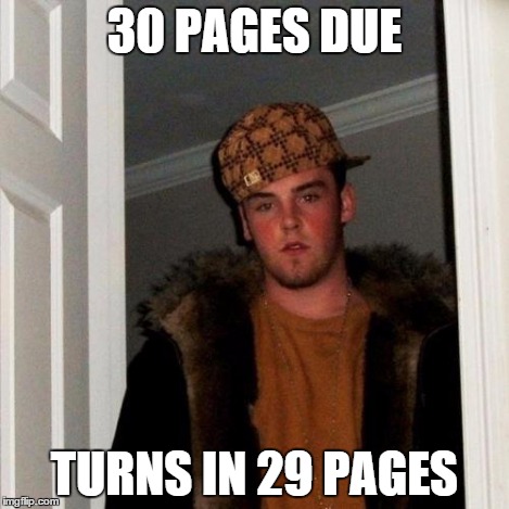 Scumbag Steve Meme | 30 PAGES DUE TURNS IN 29 PAGES | image tagged in memes,scumbag steve | made w/ Imgflip meme maker