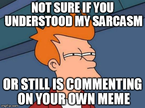 Futurama Fry Meme | NOT SURE IF YOU UNDERSTOOD MY SARCASM OR STILL IS COMMENTING ON YOUR OWN MEME | image tagged in memes,futurama fry | made w/ Imgflip meme maker