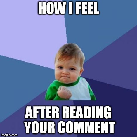 Success Kid Meme | HOW I FEEL AFTER READING YOUR COMMENT | image tagged in memes,success kid | made w/ Imgflip meme maker