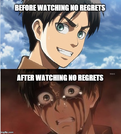 The Feels | BEFORE WATCHING NO REGRETS AFTER WATCHING NO REGRETS | image tagged in attack on titan,shingeki no kyojin,anime,no regrets | made w/ Imgflip meme maker