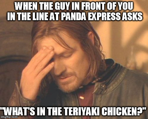 Frustrated Boromir Meme | WHEN THE GUY IN FRONT OF YOU IN THE LINE AT PANDA EXPRESS ASKS "WHAT'S IN THE TERIYAKI CHICKEN?" | image tagged in memes,frustrated boromir,funny,food,chinese food | made w/ Imgflip meme maker