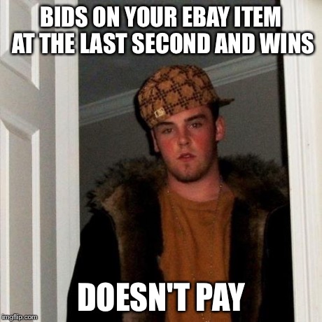 Scumbag Steve Meme | BIDS ON YOUR EBAY ITEM AT THE LAST SECOND AND WINS DOESN'T PAY | image tagged in memes,scumbag steve | made w/ Imgflip meme maker