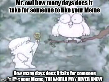 Mr. owl | Mr. owl how many days does it take for someone to like your Meme How many days does it take for someone to like your Meme, THE WORLD MAY NEV | image tagged in mrowl,memes | made w/ Imgflip meme maker