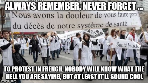 ALWAYS REMEMBER, NEVER FORGET ... TO PROTEST IN FRENCH. NOBODY WILL KNOW WHAT THE HELL YOU ARE SAYING, BUT AT LEAST IT'LL SOUND COOL | image tagged in protest,french | made w/ Imgflip meme maker