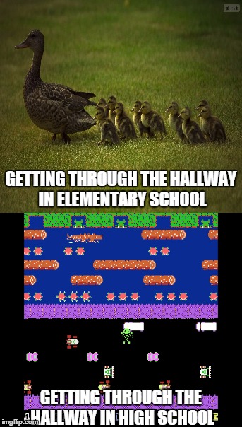 GETTING THROUGH THE HALLWAY IN ELEMENTARY SCHOOL GETTING THROUGH THE HALLWAY IN HIGH SCHOOL | image tagged in school | made w/ Imgflip meme maker