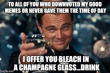 Dedicated to all the haters and downvote fairies out there | TO ALL OF YOU WHO DOWNVOTED MY GOOD MEMES OR NEVER GAVE THEM THE TIME OF DAY I OFFER YOU BLEACH IN A CHAMPAGNE GLASS...DRINK | image tagged in memes,leonardo dicaprio cheers | made w/ Imgflip meme maker