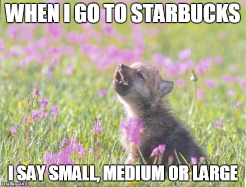 Baby Insanity Wolf Meme | WHEN I GO TO STARBUCKS I SAY SMALL, MEDIUM OR LARGE | image tagged in memes,baby insanity wolf | made w/ Imgflip meme maker