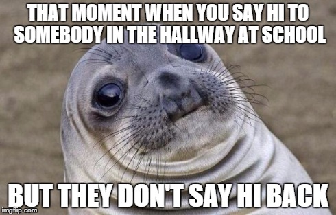 Awkward Moment Sealion Meme | THAT MOMENT WHEN YOU SAY HI TO SOMEBODY IN THE HALLWAY AT SCHOOL BUT THEY DON'T SAY HI BACK | image tagged in memes,awkward moment sealion | made w/ Imgflip meme maker