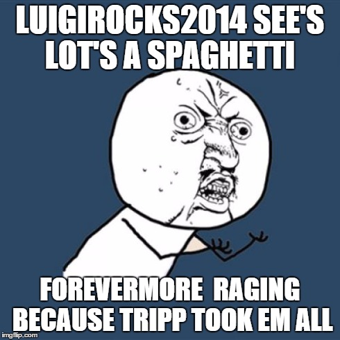 Y U No Meme | LUIGIROCKS2014 SEE'S LOT'S A SPAGHETTI FOREVERMORE  RAGING BECAUSE TRIPP TOOK EM ALL | image tagged in memes,y u no | made w/ Imgflip meme maker