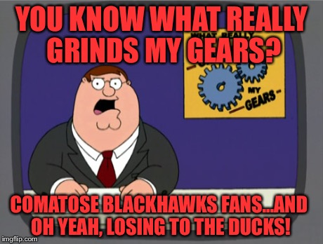 Peter Griffin News Meme | YOU KNOW WHAT REALLY GRINDS MY GEARS? COMATOSE BLACKHAWKS FANS...AND OH YEAH, LOSING TO THE DUCKS! | image tagged in memes,peter griffin news | made w/ Imgflip meme maker