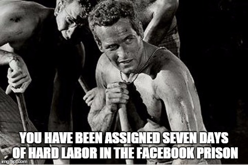 Diggin the hole boss | YOU HAVE BEEN ASSIGNED SEVEN DAYS OF HARD LABOR IN THE FACEBOOK PRISON | image tagged in facebook,banned,jail,prison | made w/ Imgflip meme maker