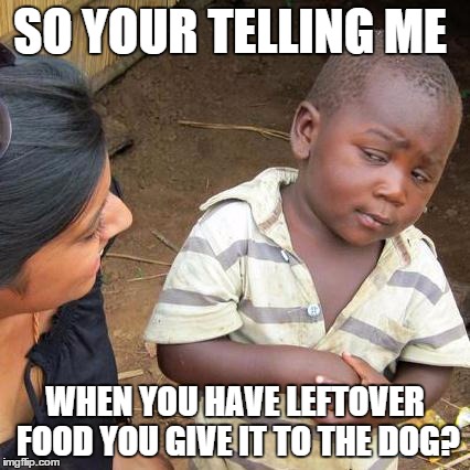 Third World Skeptical Kid | SO YOUR TELLING ME WHEN YOU HAVE LEFTOVER FOOD YOU GIVE IT TO THE DOG? | image tagged in memes,third world skeptical kid | made w/ Imgflip meme maker