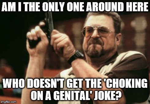 Am I The Only One Around Here | AM I THE ONLY ONE AROUND HERE WHO DOESN'T GET THE 'CHOKING ON A GENITAL' JOKE? | image tagged in memes,am i the only one around here | made w/ Imgflip meme maker