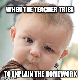 Skeptical Baby | WHEN THE TEACHER TRIES TO EXPLAIN THE HOMEWORK | image tagged in memes,skeptical baby | made w/ Imgflip meme maker