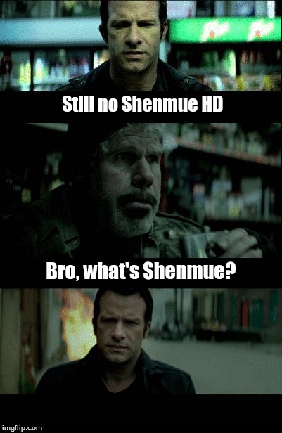 Frank Castle wants Shenmue HD | Still no Shenmue HD Bro, what's Shenmue? | image tagged in shenmue,sega,saveshenmue,the punisher,shenmue500k,video games | made w/ Imgflip meme maker