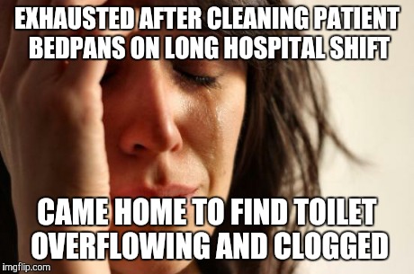 First World Problems Meme | EXHAUSTED AFTER CLEANING PATIENT BEDPANS ON LONG HOSPITAL SHIFT CAME HOME TO FIND TOILET OVERFLOWING AND CLOGGED | image tagged in memes,first world problems | made w/ Imgflip meme maker