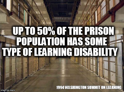 Prison | UP TO 50% OF THE PRISON POPULATION HAS SOME TYPE OF LEARNING DISABILITY 1994 WASHINGTON SUMMIT ON LEARNING | image tagged in prison | made w/ Imgflip meme maker