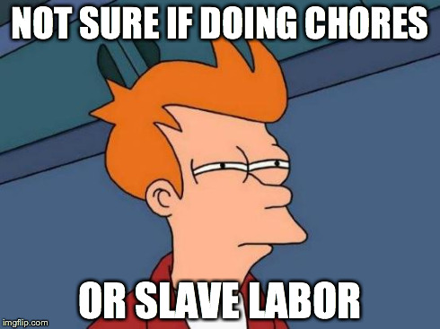 Futurama Fry Meme | NOT SURE IF DOING CHORES OR SLAVE LABOR | image tagged in memes,futurama fry | made w/ Imgflip meme maker