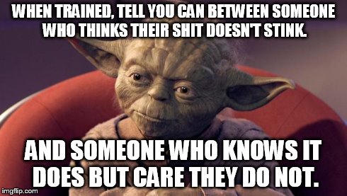 Yoda Wisdom | WHEN TRAINED, TELL YOU CAN BETWEEN SOMEONE WHO THINKS THEIR SHIT DOESN'T STINK. AND SOMEONE WHO KNOWS IT DOES BUT CARE THEY DO NOT. | image tagged in yoda wisdom | made w/ Imgflip meme maker