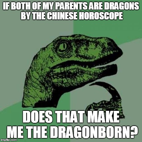 Sounds awesome, right guys? | IF BOTH OF MY PARENTS ARE DRAGONS BY THE CHINESE HOROSCOPE DOES THAT MAKE ME THE DRAGONBORN? | image tagged in memes,philosoraptor | made w/ Imgflip meme maker