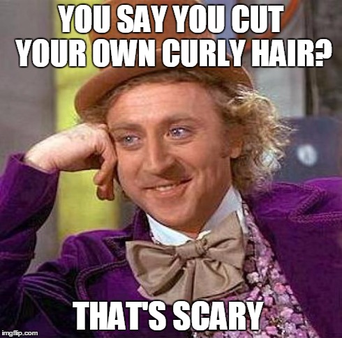 Creepy Condescending Wonka Meme | YOU SAY YOU CUT YOUR OWN CURLY HAIR? THAT'S SCARY | image tagged in memes,creepy condescending wonka | made w/ Imgflip meme maker