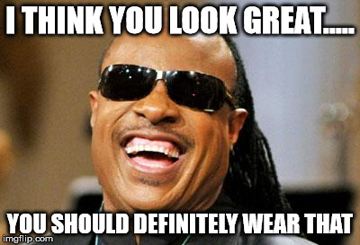 Stevie Wonder | I THINK YOU LOOK GREAT..... YOU SHOULD DEFINITELY WEAR THAT | image tagged in stevie wonder | made w/ Imgflip meme maker