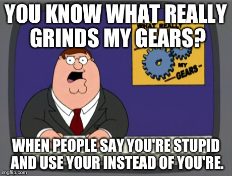 Peter Griffin News | YOU KNOW WHAT REALLY GRINDS MY GEARS? WHEN PEOPLE SAY YOU'RE STUPID AND USE YOUR INSTEAD OF YOU'RE. | image tagged in memes,peter griffin news | made w/ Imgflip meme maker