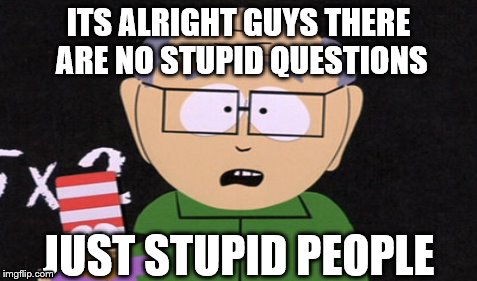 wise quote from mr garrison | ITS ALRIGHT GUYS THERE ARE NO STUPID QUESTIONS JUST STUPID PEOPLE | image tagged in funny | made w/ Imgflip meme maker