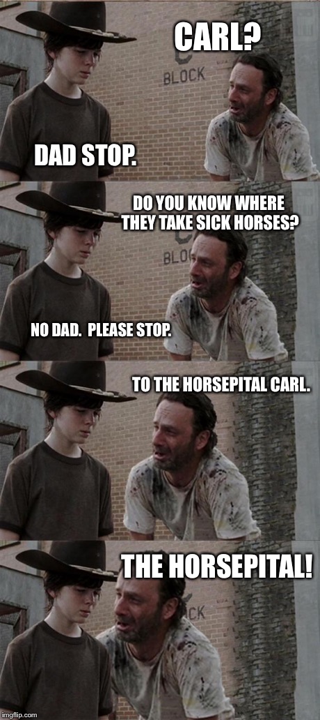 Rick and Carl Long Meme | CARL? DAD STOP. DO YOU KNOW WHERE THEY TAKE SICK HORSES? NO DAD.  PLEASE STOP. TO THE HORSEPITAL CARL. THE HORSEPITAL! | image tagged in memes,rick and carl long | made w/ Imgflip meme maker