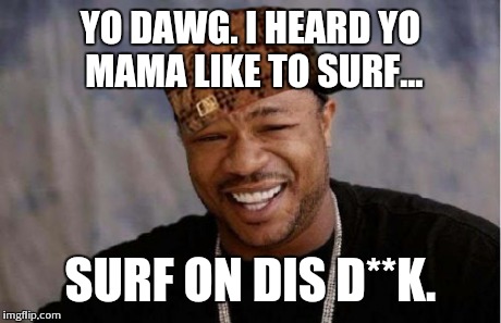 Yo Dawg Heard You | YO DAWG. I HEARD YO MAMA LIKE TO SURF... SURF ON DIS D**K. | image tagged in memes,yo dawg heard you,scumbag | made w/ Imgflip meme maker