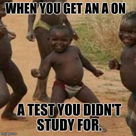 Third World Success Kid | WHEN YOU GET AN A ON A TEST YOU DIDN'T STUDY FOR. | image tagged in memes,third world success kid | made w/ Imgflip meme maker