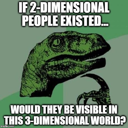 Philosoraptor Meme | IF 2-DIMENSIONAL PEOPLE EXISTED... WOULD THEY BE VISIBLE IN THIS 3-DIMENSIONAL WORLD? | image tagged in memes,philosoraptor | made w/ Imgflip meme maker