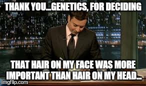 THANK YOU...GENETICS, FOR DECIDING THAT HAIR ON MY FACE WAS MORE IMPORTANT THAN HAIR ON MY HEAD... | image tagged in jimmy fallon,thank you,baldness | made w/ Imgflip meme maker