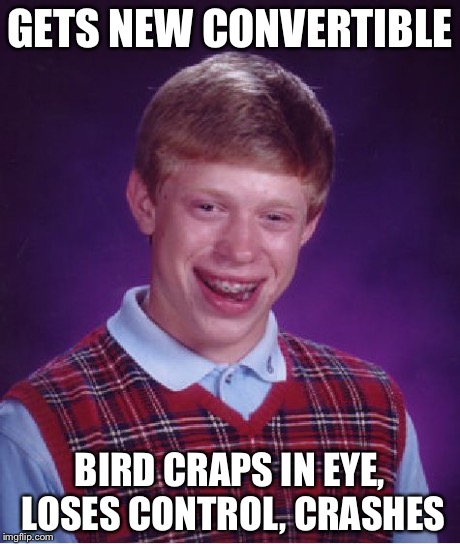 Bad Luck Brian Meme | GETS NEW CONVERTIBLE BIRD CRAPS IN EYE, LOSES CONTROL, CRASHES | image tagged in memes,bad luck brian | made w/ Imgflip meme maker