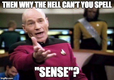 Picard Wtf Meme | THEN WHY THE HELL CAN'T YOU SPELL "SENSE"? | image tagged in memes,picard wtf | made w/ Imgflip meme maker