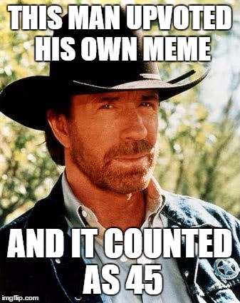 Chuck Norris | THIS MAN UPVOTED HIS OWN MEME AND IT COUNTED AS 45 | image tagged in chuck norris | made w/ Imgflip meme maker